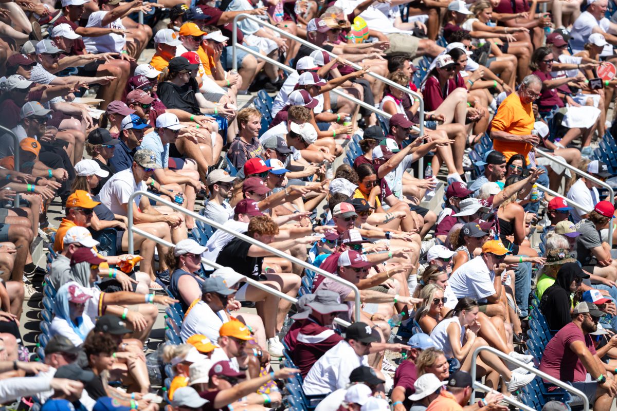 Texas A&M fans prepare to chant “Ball five” during Texas A&M’s game against Tennessee at the NCAA Men’s College World Series finals at Charles Schwab Field in Omaha, Nebraska on Saturday, June 22, 2024. (Chris Swann/The Battalion)