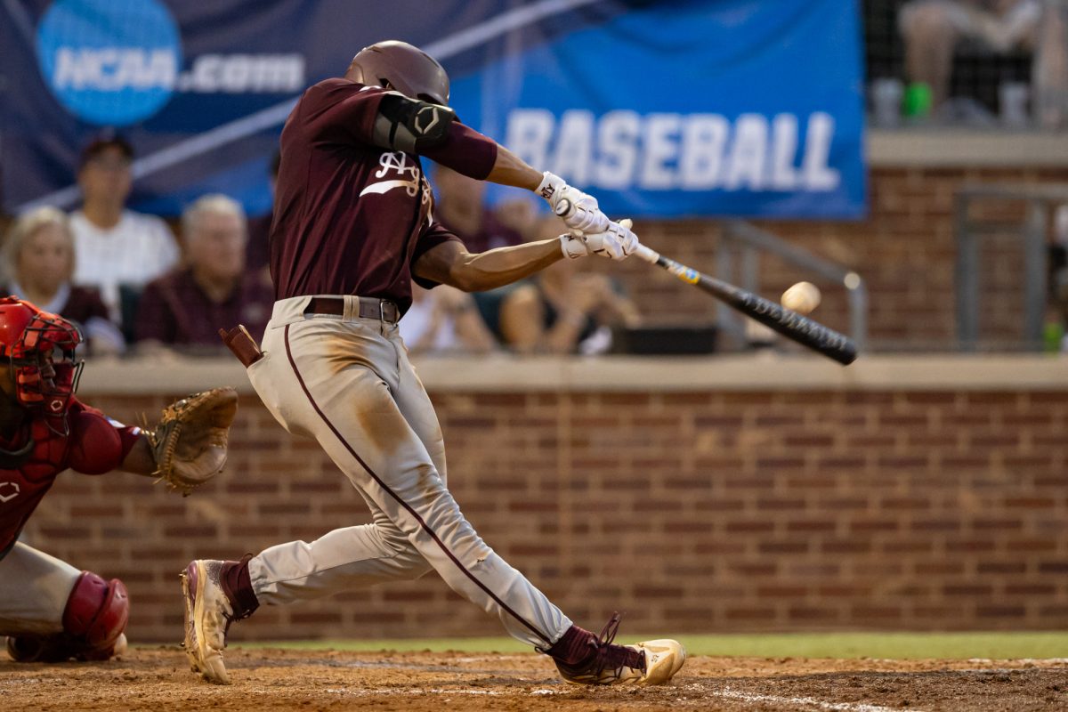 Texas A&M outfielder Braden Montgomery (6) hits a home run during Texas A&M’s game against Louisiana at the NCAA Bryan-College Station Regional Final at Olsen Field on Sunday, June 2, 2024. (Chris Swann/The Battalion)
