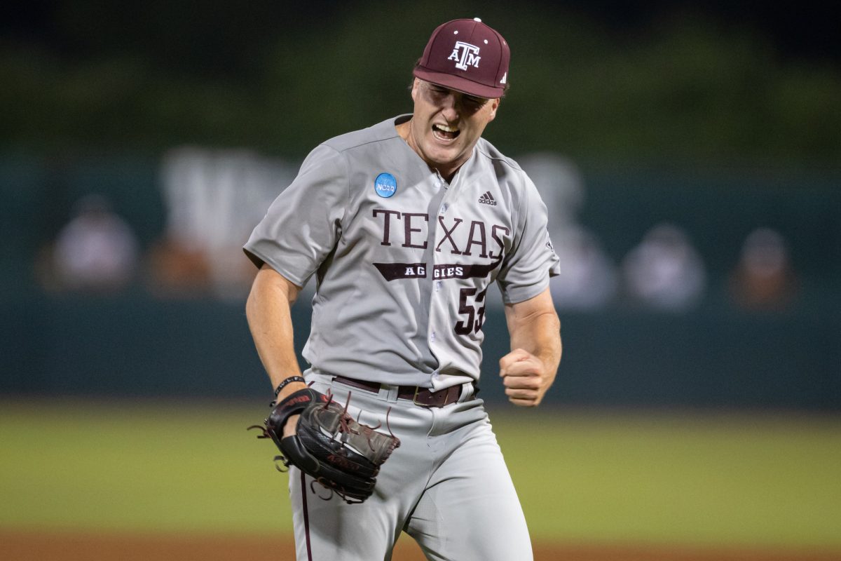 Texas A&M pitcher Evan Aschenbeck (53) reacts after the final strikeout after Texas A&M’s win against Texas at the NCAA Bryan-College Station Regional at Olsen Field on Saturday, June 1, 2024. (Chris Swann/The Battalion)