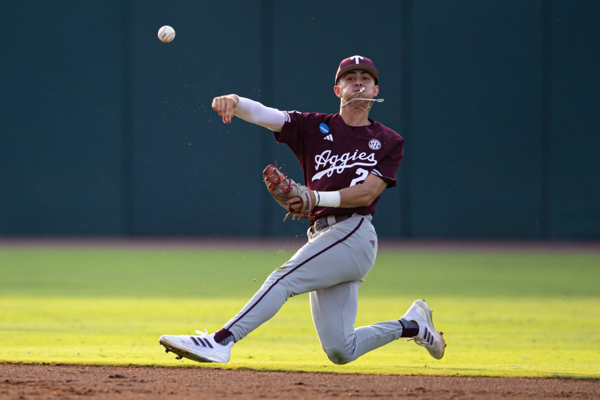 Texas A&M infielder Ali Camarillo (2) throws to first during Texas A&M’s game against Louisiana at the NCAA Bryan-College Station Regional Final at Olsen Field on Sunday, June 2, 2024. (Chris Swann/The Battalion)