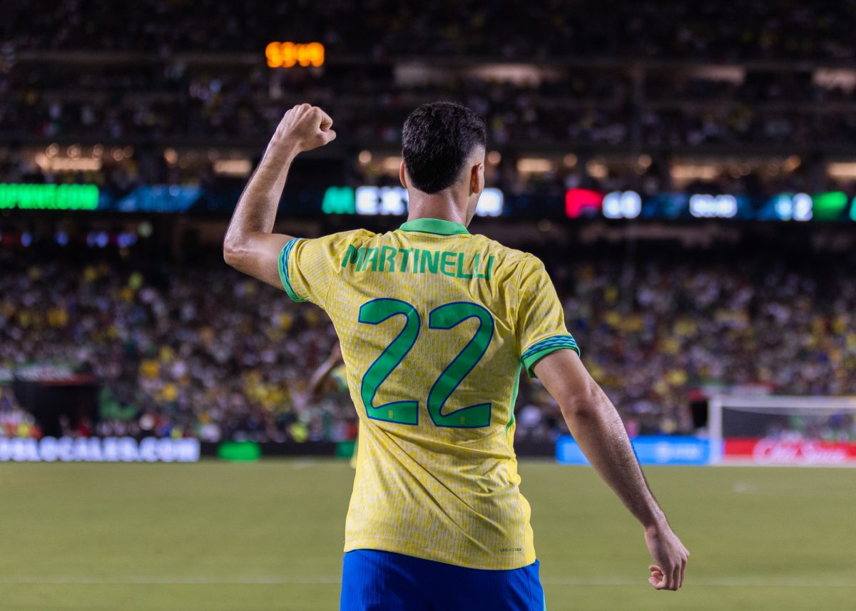 Brazil F Gabriel Martinelli (22) celebrates after scoring a goal during the MexTour match between Mexico and Brazil at Kyle Field on Saturday, June 8, 2024. (Kyle Heise/The Battalion)