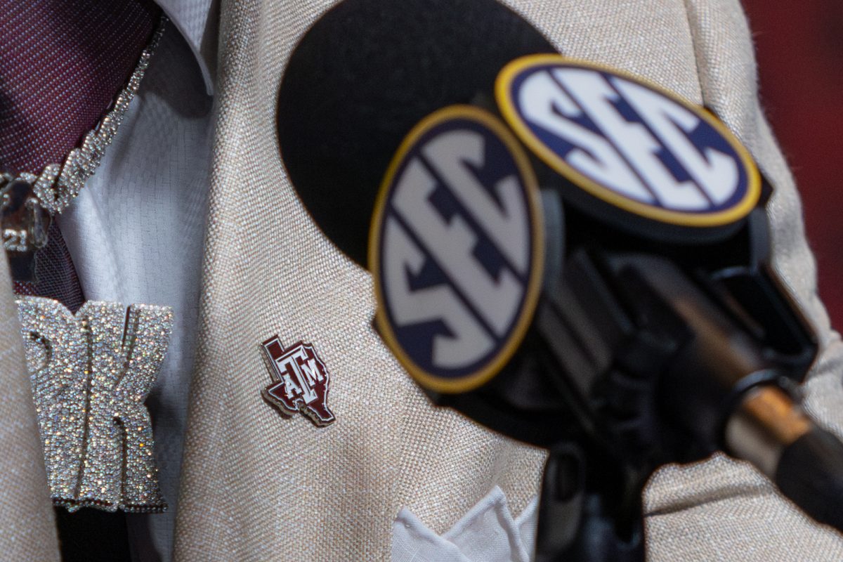 Texas A&M LB Taurean York (21) speaks during the 2024 SEC Media Day at the Omni Hotel in Dallas, Texas on Thursday July 18, 2024. (Hannah Harrison/The Battalion)