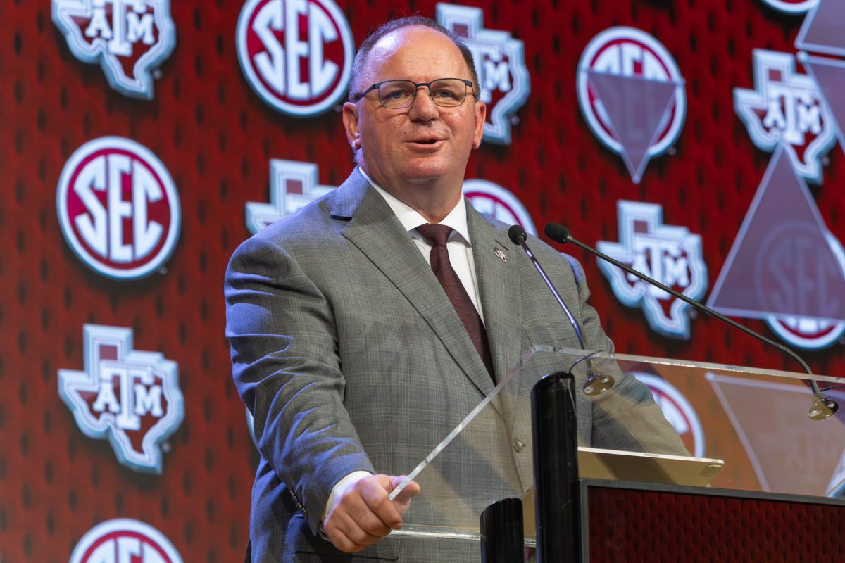 Texas A&amp;M Head Coach Mike Elko speaks during the 2024 SEC Media Day at the Omni Hotel in Dallas, Texas on Thursday July 18, 2024. (Hannah Harrison/The Battalion)