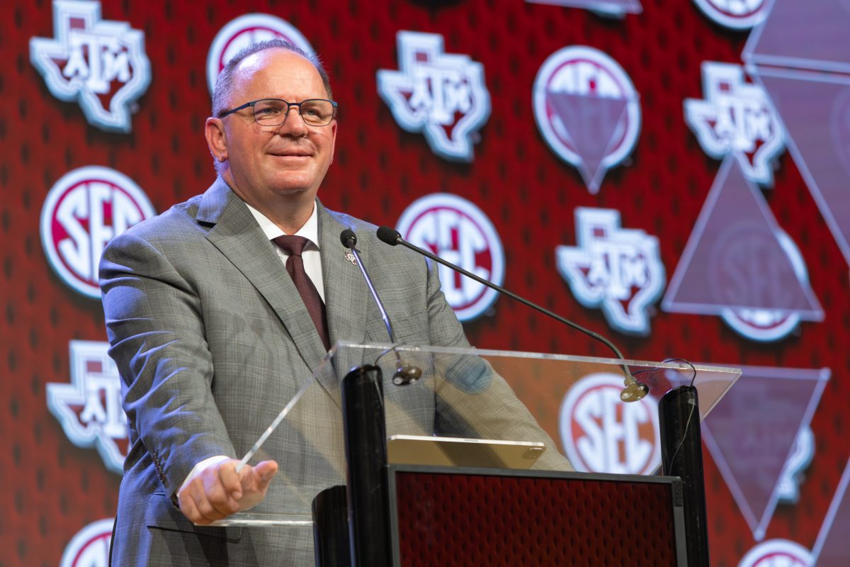 Texas A&amp;M Head Coach Mike Elko speaks during the 2024 SEC Media Day at the Omni Hotel in Dallas, Texas on Thursday July 18, 2024. (Hannah Harrison/The Battalion)