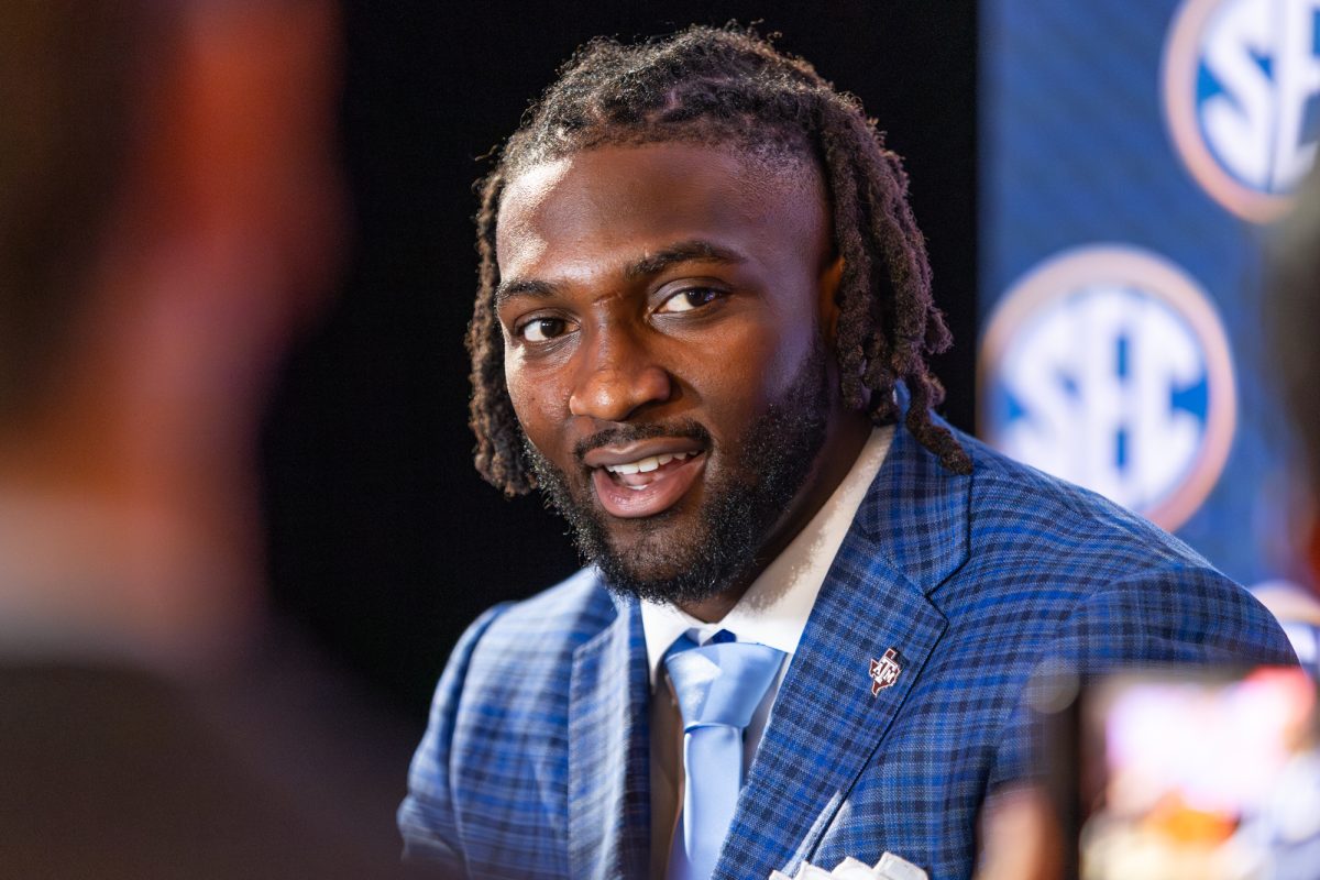 Texas A&amp;M DL Shemar Turner (5) speaks during the 2024 SEC Media Day at the Omni Hotel in Dallas, Texas on Thursday July 18, 2024. (Hannah Harrison/The Battalion)