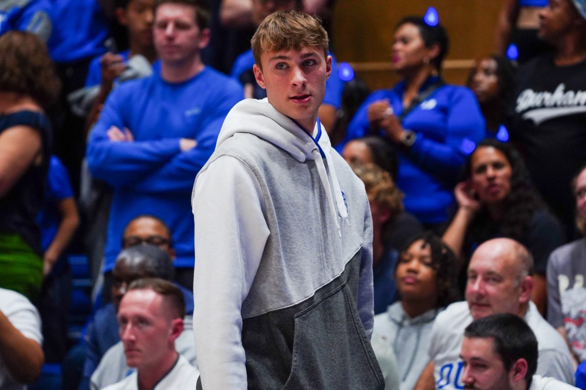 Duke forward Cooper Flagg during a visit at a Duke game in Cameron Indoor Stadium. Flagg is one fo the top recruits in Dukes 2025 class. (Photo courtesy of Morgan Chu/The Chronicle)