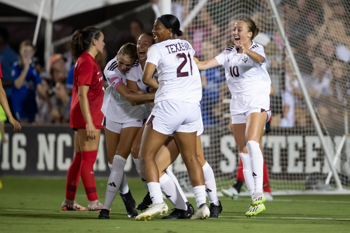 Texas A&amp;M midfielder Grace Ivey (10) celebrates after a goal by defender Margo Matula (22) during Texas A&amp;M’s game against Fairfield at Ellis Field on Saturday, Aug. 24, 2024. (Chris Swann/The Battalion)