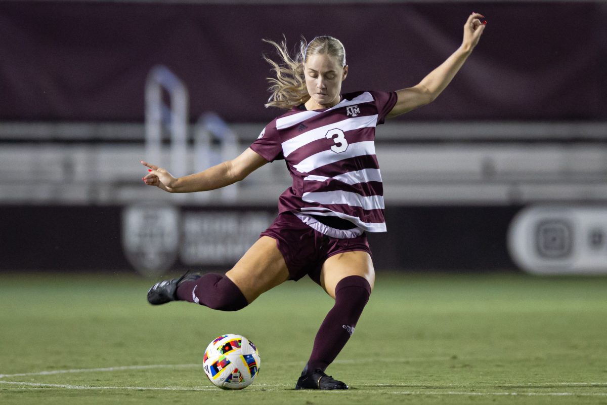 Texas A&amp;M defender Bella James (3) kicks the ball downifield during Texas A&amp;M’s exhibition match against Rice at Ellis Field on Saturday, August 3, 2024. (Chris Swann/The Battalion)