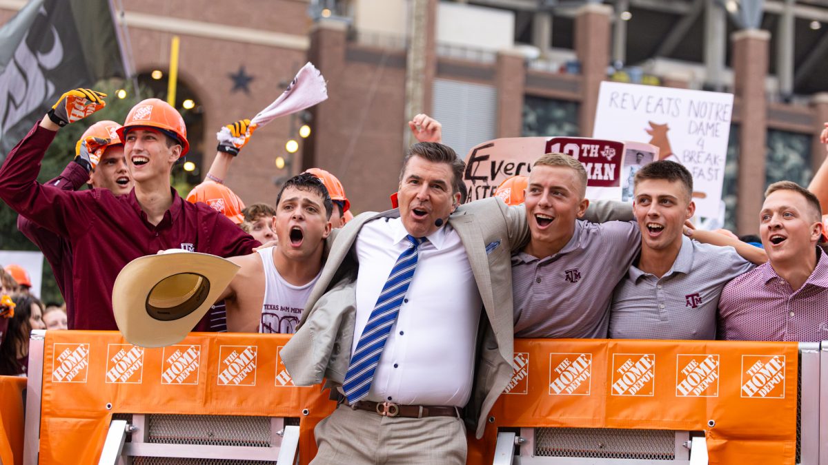 Rece Davis sways to the War Hymn during College GameDay in Aggie Park on Saturday, August 31, 2024. (Hannah Harrison/The Battalion)