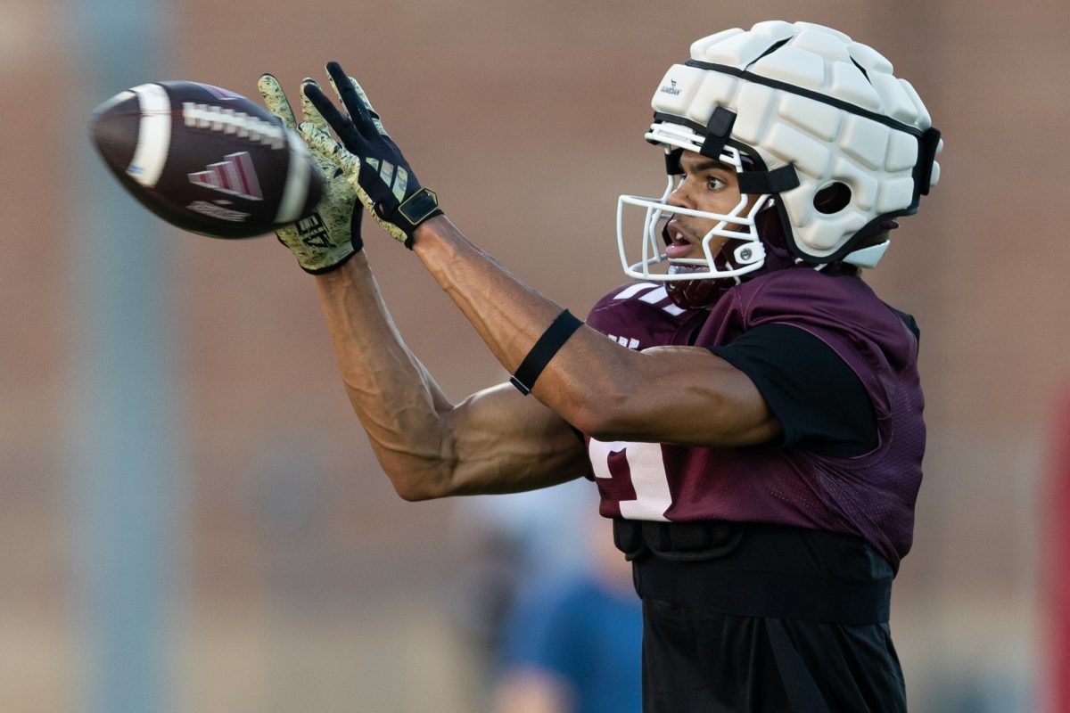 Texas A&M wide reciever Noah Thomas (3) catches the ball  during the second day of fall football practice outside the Coolidge Football Performance Center on August 1, 2024. (Chris Swann/The Battalion)