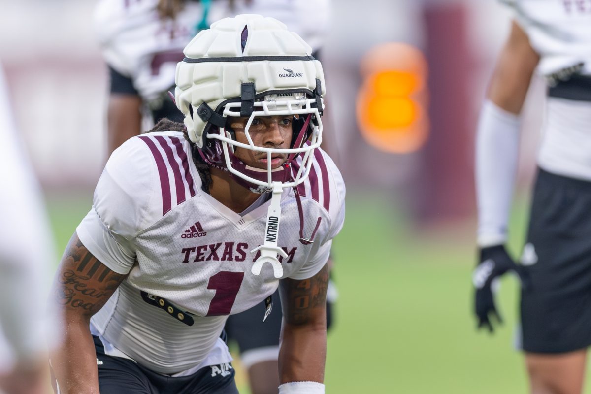 Texas A&M DB Bryce Anderson (1) prepares for a drill during the third day of fall football practice outside the Coolidge Football Performance Center on Monday, Aug. 5, 2024. (Hannah Harrison/The Battalion)