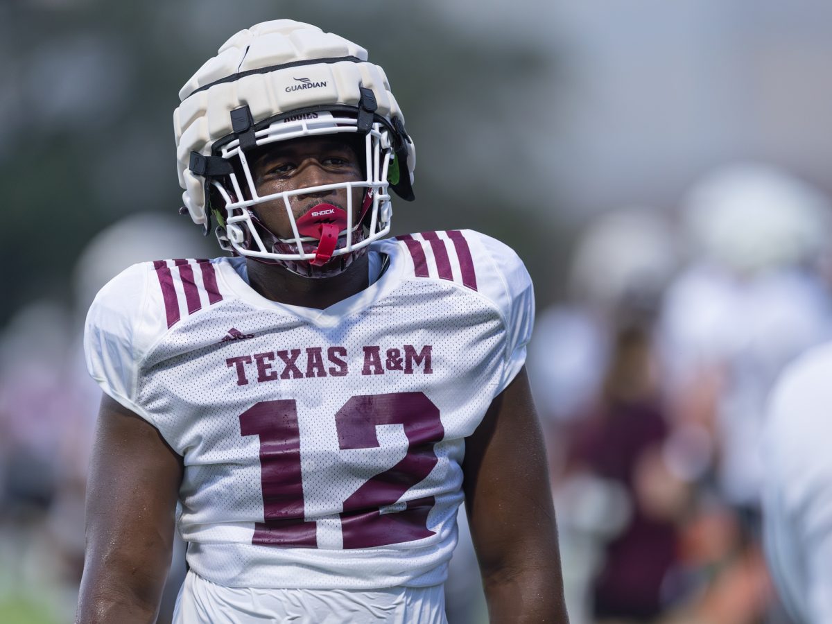 Texas A&amp;M DL Nana Boadi-Owusu (12) prepares for a drill during the third day of fall football practice outside the Coolidge Football Performance Center on Monday, Aug. 5, 2024. (Hannah Harrison/The Battalion)