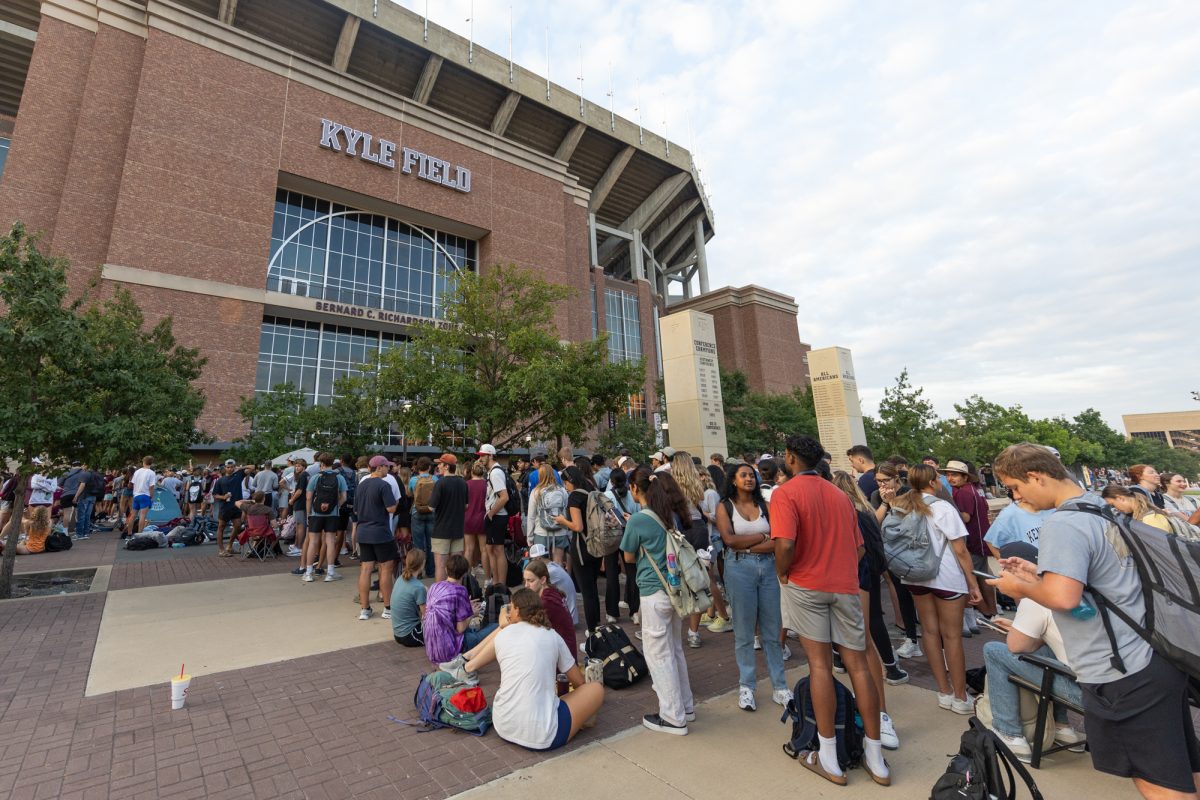 Aggies wait in line during ticket pull for the Notre Dame football game at the Kyle Field Plaza on Monday, Aug. 26, 2024. 