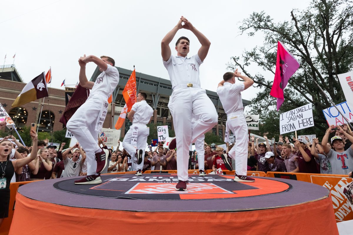 The Yell Leaders sing The War Hymn during College GameDay at Aggie Park on Saturday, Aug. 31, 2024. (Chris Swann/The Battalion)