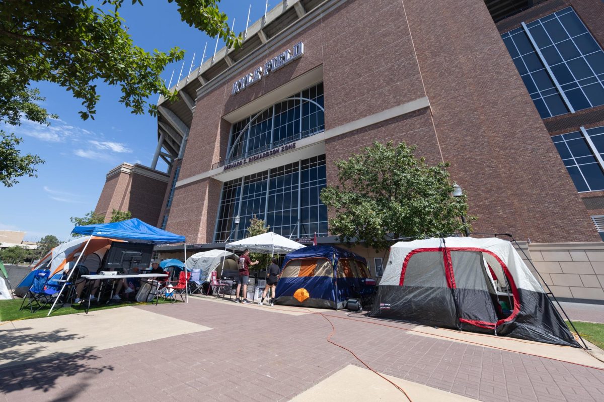 Tents are set up for ticket pull in preparation for the football game vs. Notre Dame in front of Kyle Field on Monday, Aug. 19, 2024. (Chris Swann/The Battalion)