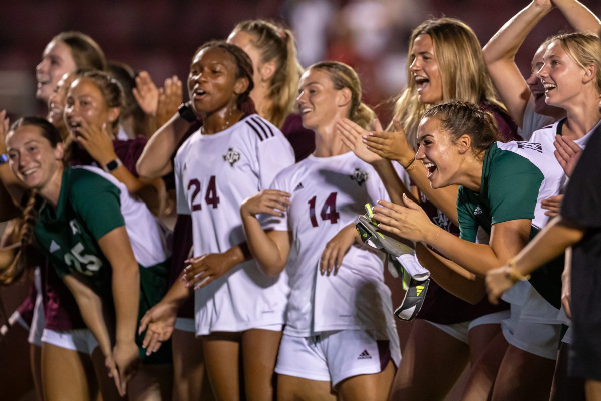 Texas A&amp;M players react after Texas A&amp;M's win against Fairfield at Ellis Field on Saturday, Aug 24, 2024 (Adriano Espinosa/The Battalion).