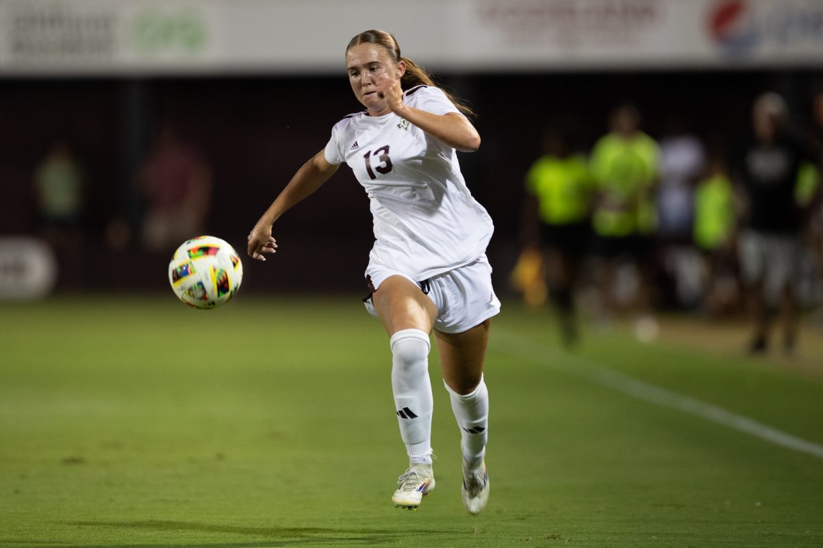 Texas A&amp;M midfielder Mia Pante (13) chases the ball during Texas A&amp;M's game against Fairfield at Ellis Field on Saturday, Aug 24, 2024 (Adriano Espinosa/The Battalion).