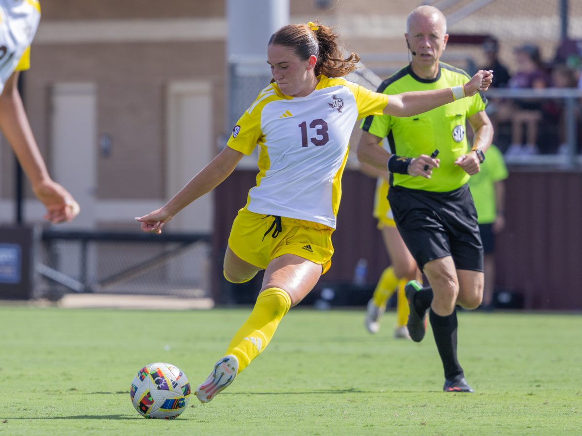 Texas A&amp;M md Mia Pante (13) kicks the ball during Texas A&amp;M’s game against Oklahoma at Ellis Field on Sunday, Sept. 22, 2024. (Micah Richter/The Battalion)