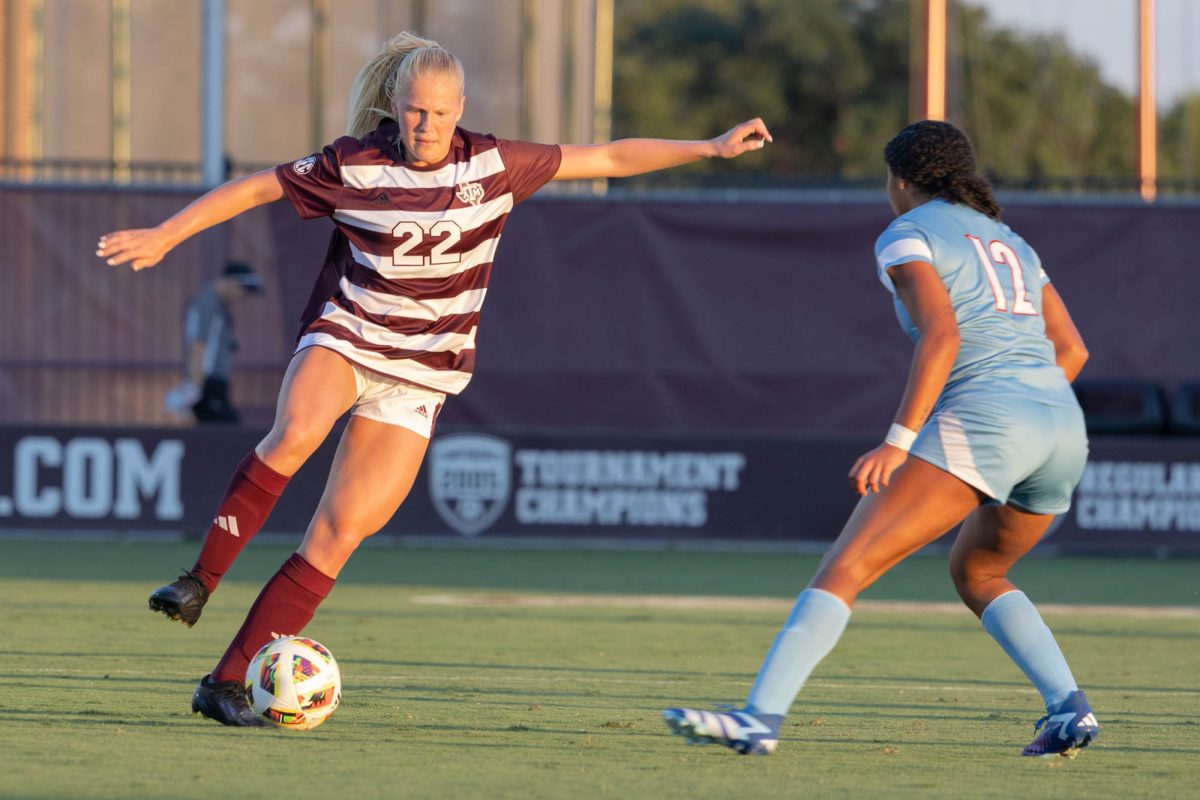 Texas A&amp;M defender Margo Matula (22) kicks the ball downfield during Texas A&amp;M’s game against Louisiana Tech at Ellis Field on Sunday, Sept. 8, 2024.