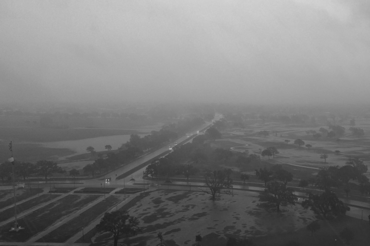 An aerial view of the Texas A&amp;M golf course during a storm. (Photo courtesy of Texas A&amp;M Professor John Nielson-Gammon)