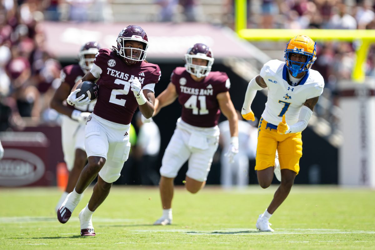 Texas A&M Aggies athlete Terry Bussey (2) runs past the defense during Texas A&M's game against McNeese State at Kyle Field on Saturday, Sept. 7, 2024. (Adriano Espinosa/The Battalion)