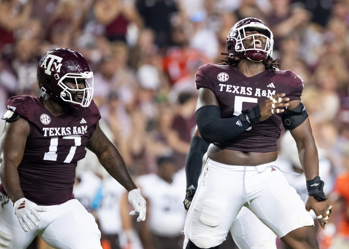 Texas A&amp;M Aggies defensive lineman Shemar Turner (5) reacts during the Texas A&amp;M and the Bowling Green football game at Kyle Field on Saturday, Sept 21, 2024. (Adriano Espinosa/ The Battalion)