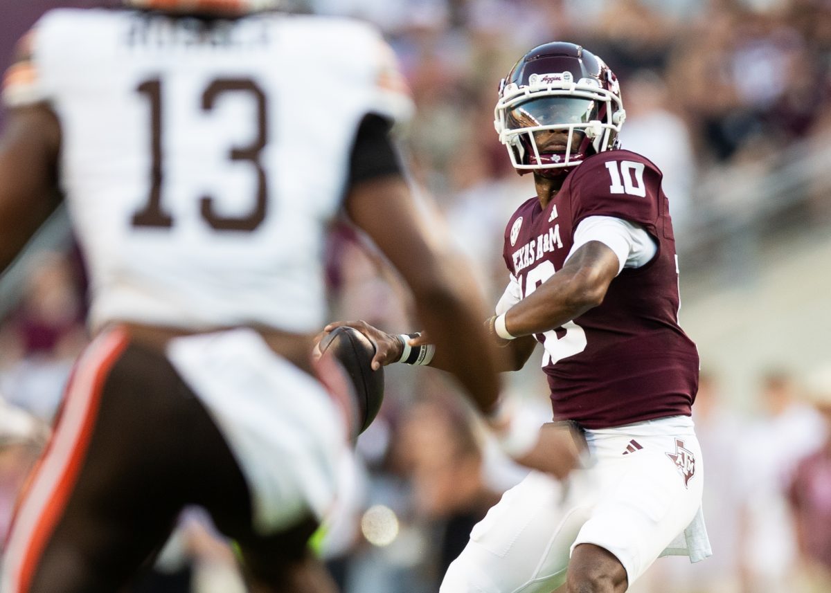 Texas A&amp;M Aggies quarterback Marcel Reed (10) prepares to throw the ball during the Texas A&amp;M and the Bowling Green football game at Kyle Field on Saturday, Sept 21, 2024. (Adriano Espinosa/ The Battalion)