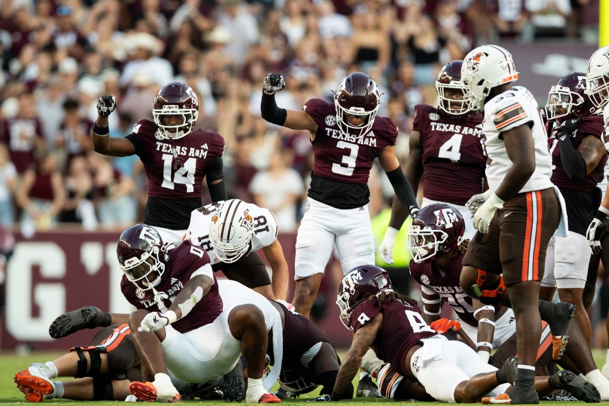 The Texas A&amp;M Aggie defense reacts after a tackle for loss during the Texas A&amp;M and the Bowling Green football game at Kyle Field on Saturday, Sept 21, 2024.