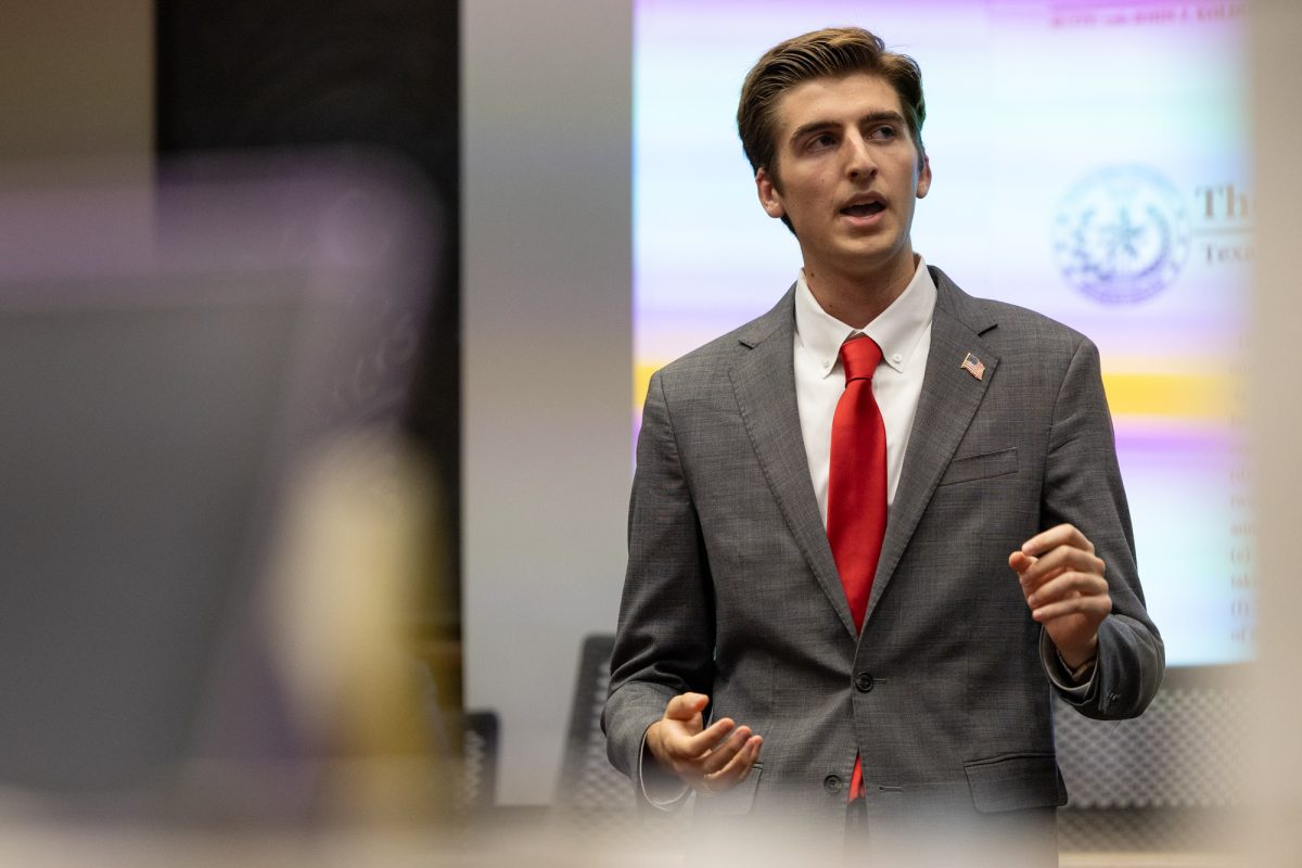 Off-campus senator Riley James Pritzlaff speaks during a student senate meeting in The Koldus Building on Wednesday, Sept. 25, 2024. (Chris Swann/The Battalion)