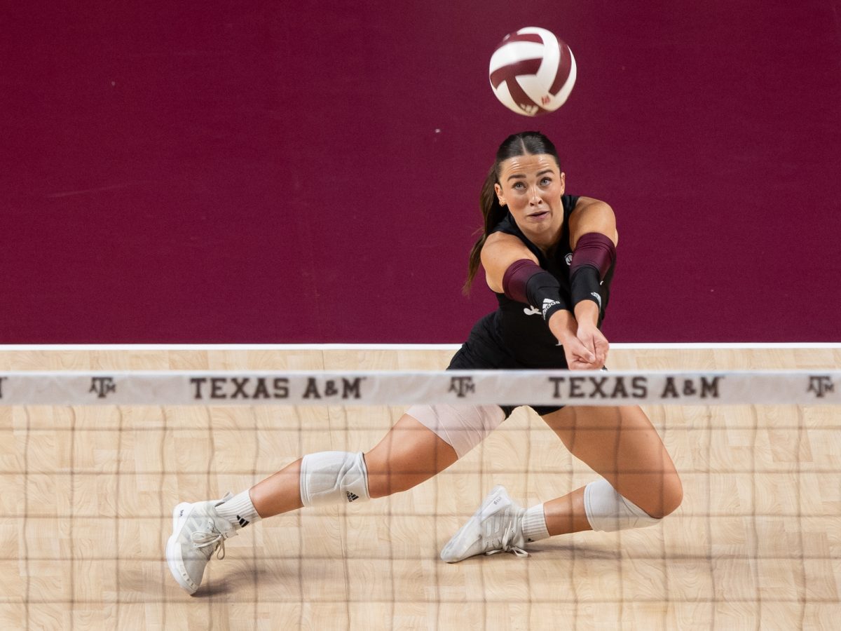 Texas A&amp;M libero/defensive specialist Ava Underwood (12) passes the ball during Texas A&amp;M’s game against Texas at Reed Arena on Friday, Sept. 27, 2024. (Chris Swann/The Battalion)