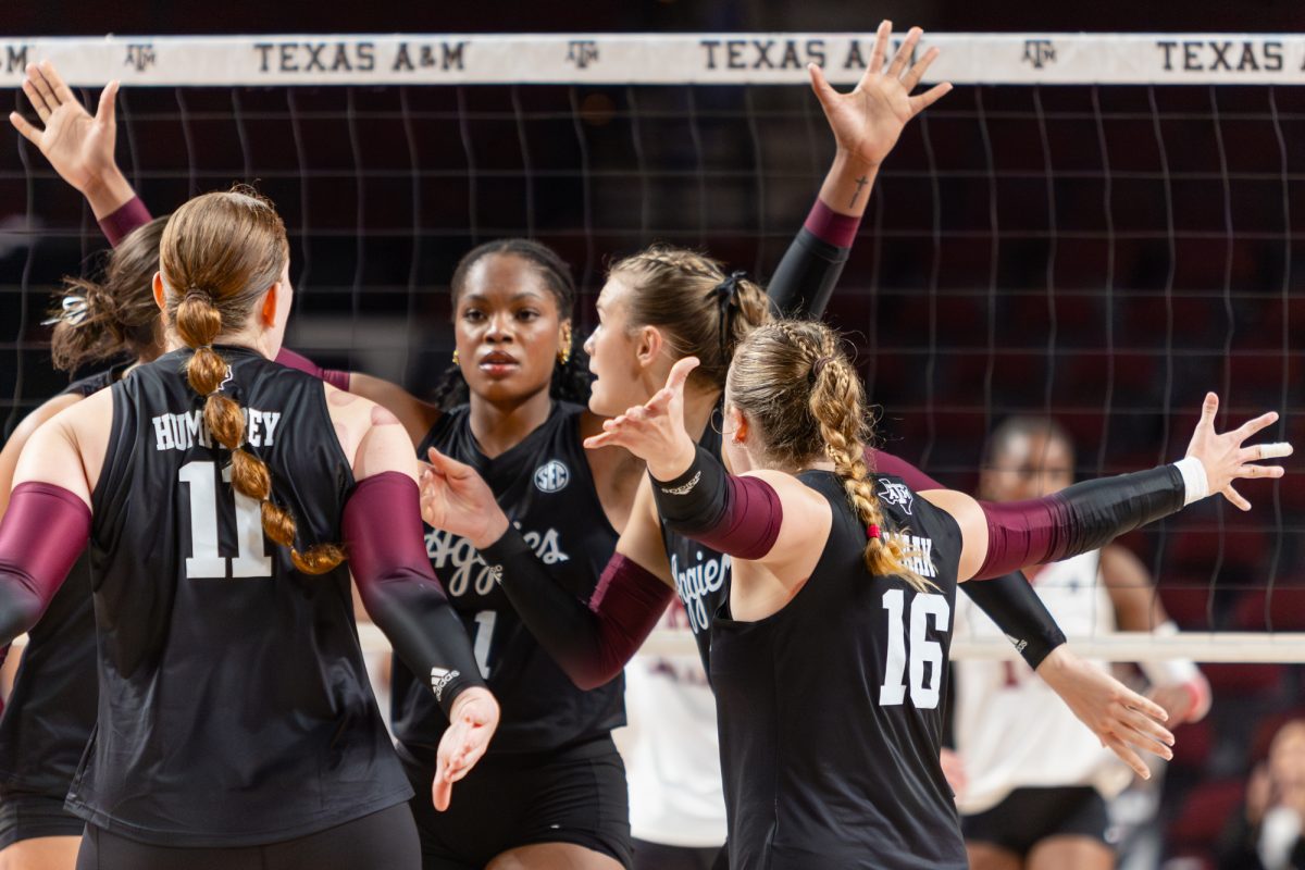 Texas A&amp;M celebrates a point during Texas A&amp;M’s game against Temple at Reed Arena on Friday, September 13, 2024.