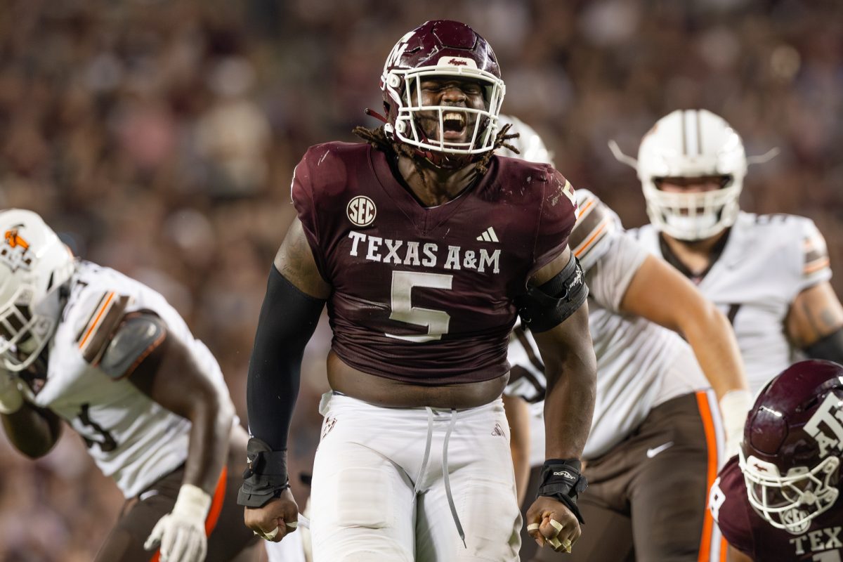 Texas A&amp;M Aggies defensive lineman Shemar Turner (5) celebrates a quarterback sack during Texas A&amp;M’s game against Bowling Green at Kyle Field on Saturday, Sept. 21, 2024. (Hannah Harrison/The Battalion)