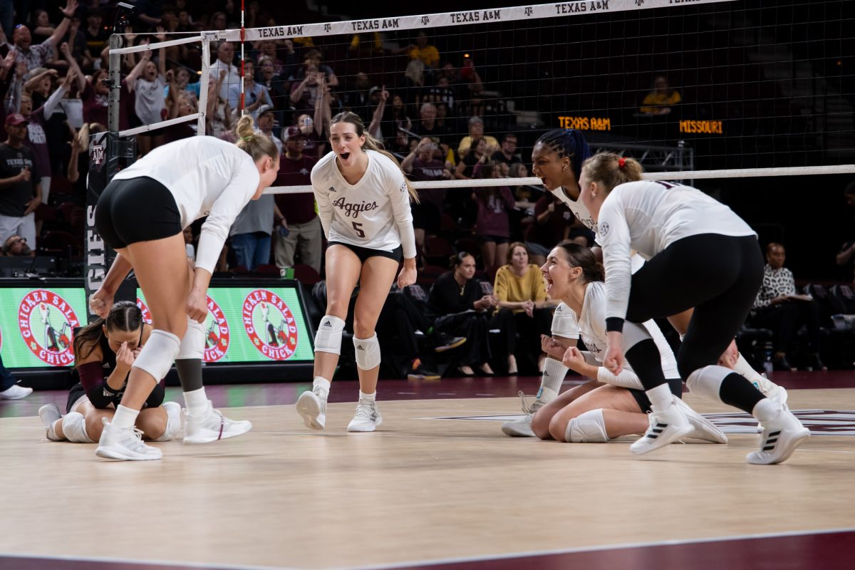 The Aggies react after scoring the final point to win the game in the fifth set during Texas A&amp;M’s game against Mizzou at Reed Arena on Sunday, Sept. 29, 2024. (Chris Swann/The Battalion)