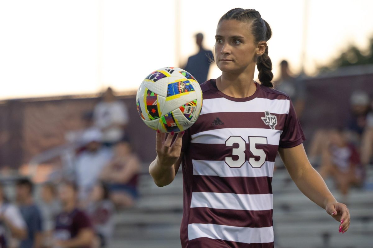 Texas A&M forward Allison Lowrey (35) walks to the sideline during Texas A&M’s game against Louisiana Tech at Ellis Field on Sunday, Sept. 8, 2024. (Chris Swann/The Battalion)