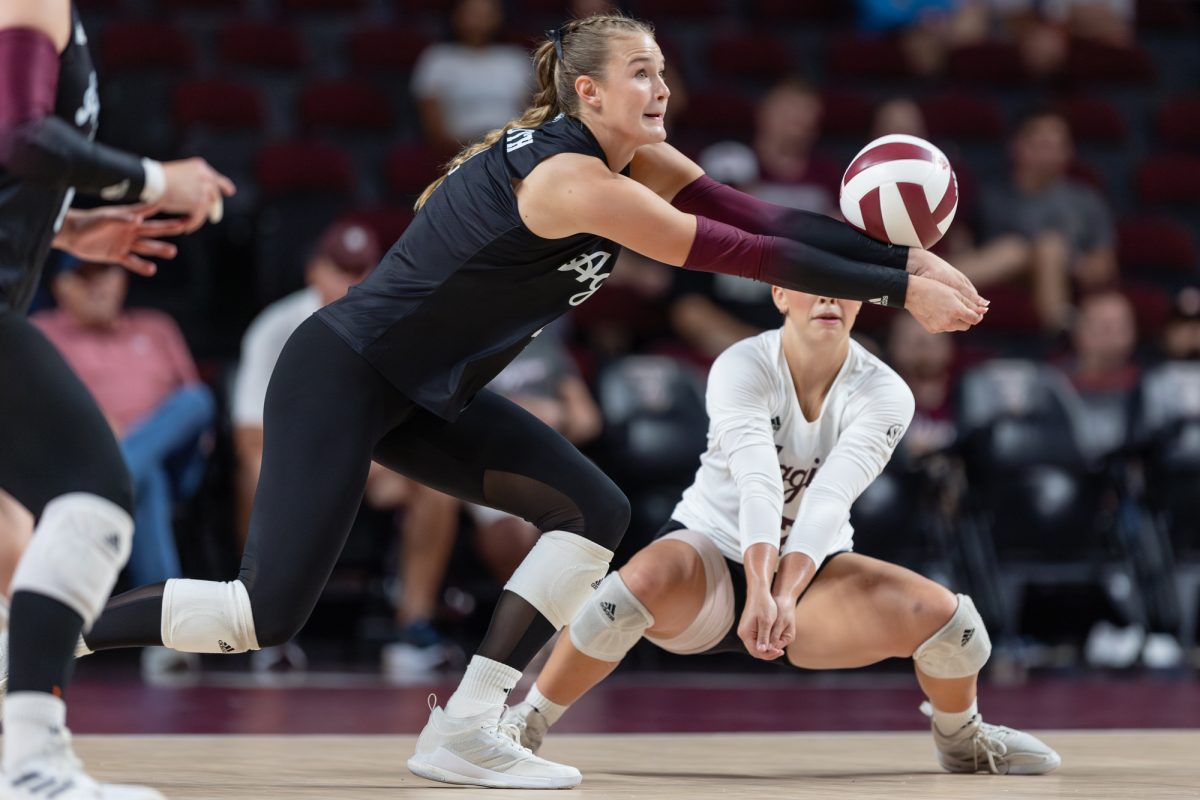 Texas A&amp;M outside hitter Emily Hellmuth (4) passes a ball during Texas A&amp;M’s game against Temple at Reed Arena on Friday, September 13, 2024. (Hannah Harrison/The Battalion)