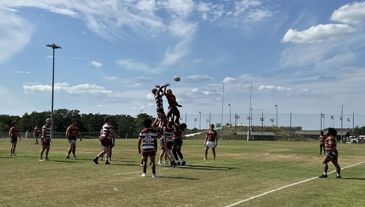 Texas A&M men's rugby Grey side form a line-out against Sam Houston State on Sept. 14, 2024, at Penberthy Rec Sports Complex.