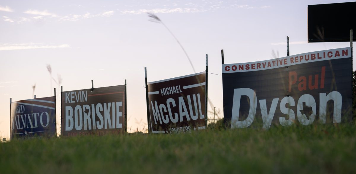 Political signs lined up outside of a Bryan business on Sunday, Sept. 29, 2024. (Jenna Isbell/The Battalion)