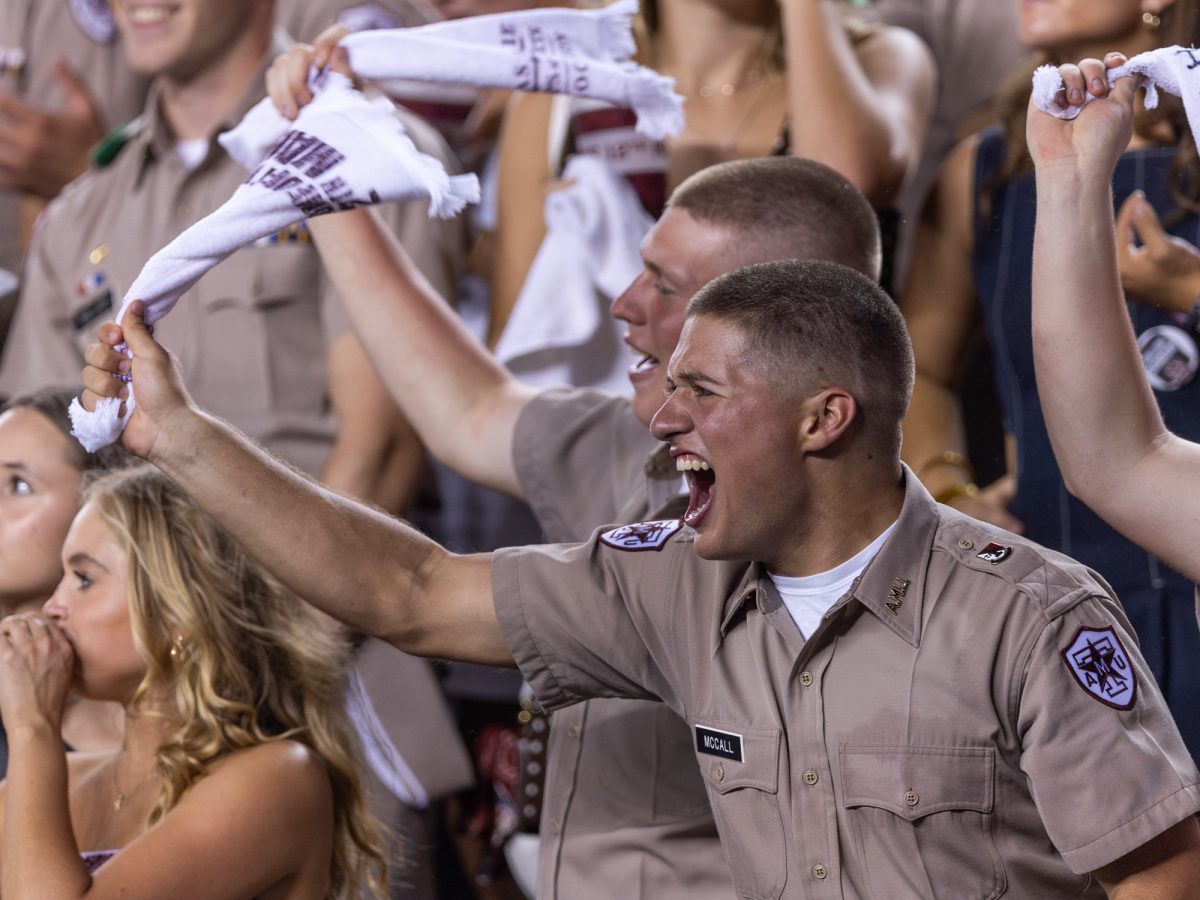 Members of the Corps of Cadets cheer during Texas A&amp;M’s game against Notre Dame at Kyle Field on Saturday, Aug. 31, 2024. (Kyle Heise/The Battalion)