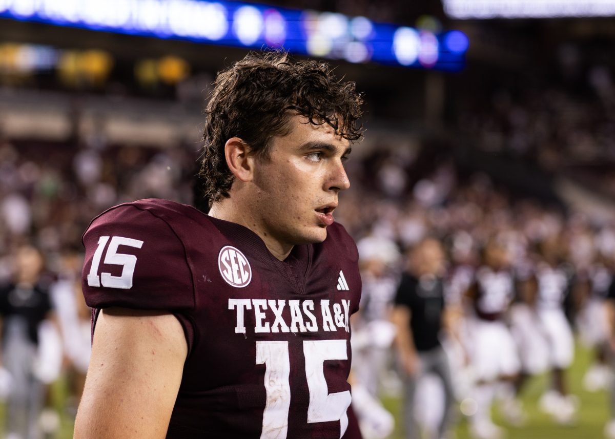 Texas A&amp;M quarterback Conner Weigman (15) after Texas A&amp;M’s loss against Notre Dame at Kyle Field on Saturday, Aug. 31, 2024. (Kyle Heise/The Battalion)