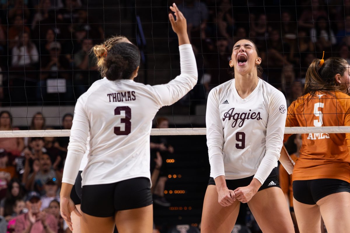 Texas A&amp;M opposite Logan Lednicky (9) celebrates a hit during Texas A&amp;M’s game against Texas at Reed Arena on Friday, Sept. 27, 2024. (Hannah Harrison/The Battalion)