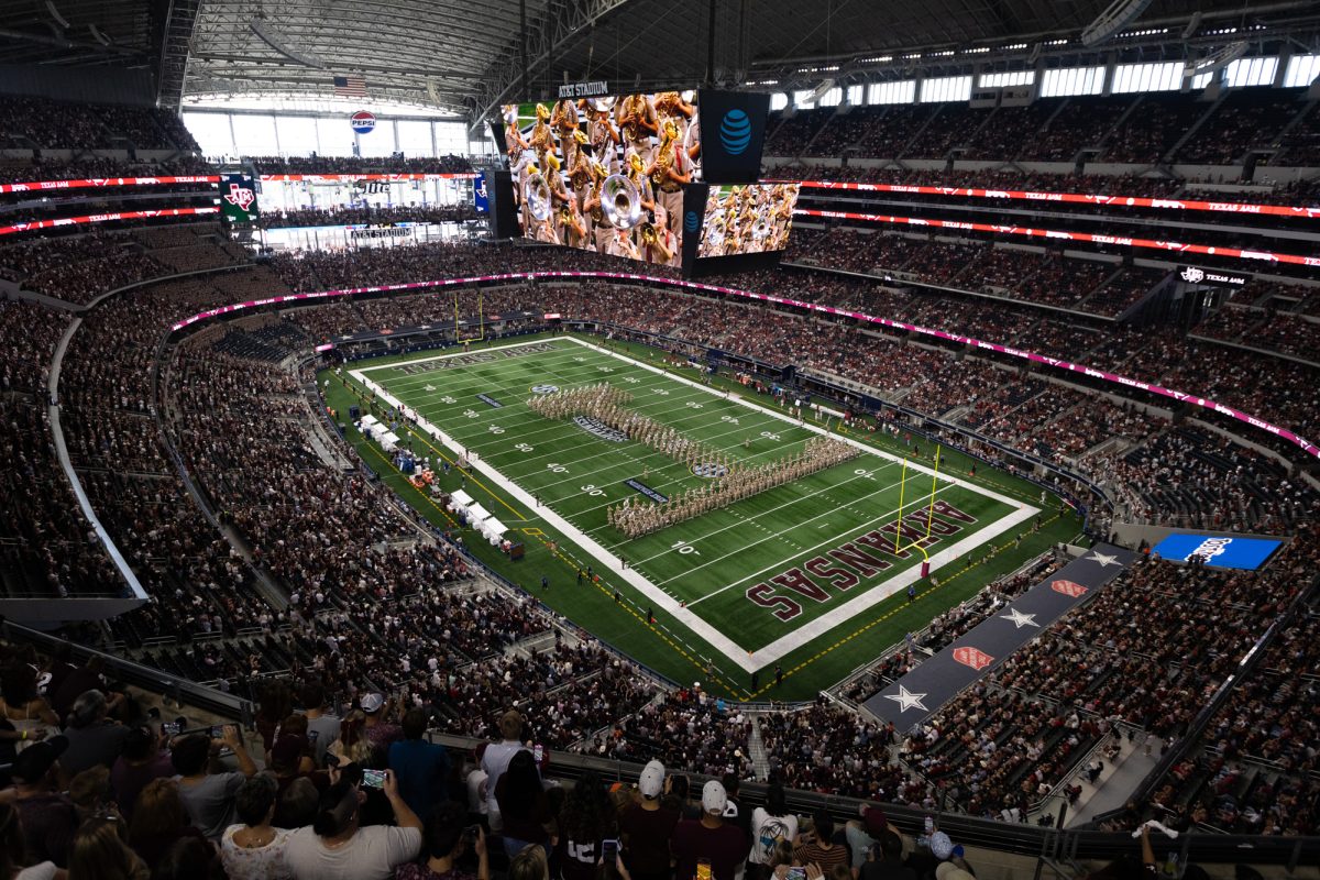 The Fightin’ Texas Aggie Band performs at halftime of Texas A&M’s game against Arkansas at the Southwest Classic at AT&T Stadium in Arlington, Texas on Saturday, Sept. 28, 2024. (Chris Swann/The Battalion)