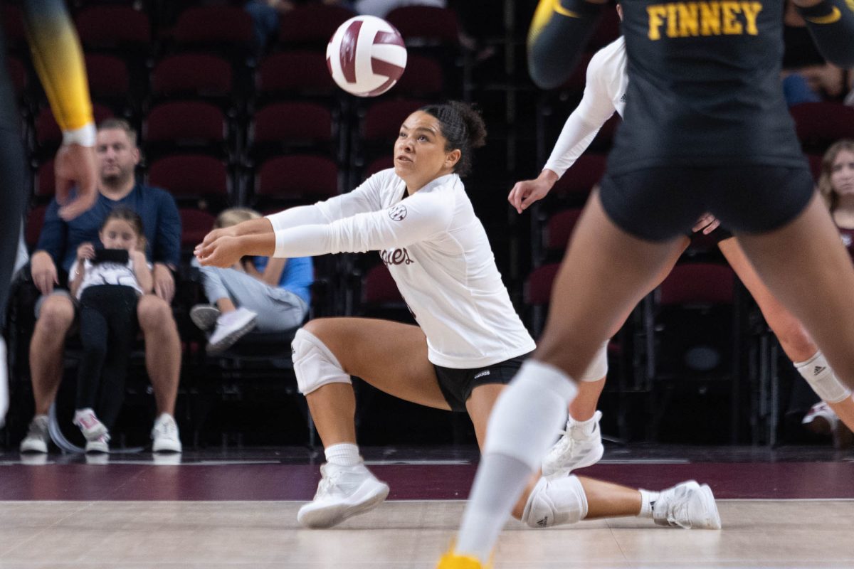 Texas A&M libero/defensive specialist Tatum Thomas (3) bumps the ball during Texas A&M’s game against Mizzou at Reed Arena on Sunday, Sept. 29, 2024. (Trinity Hindman/The Battalion)