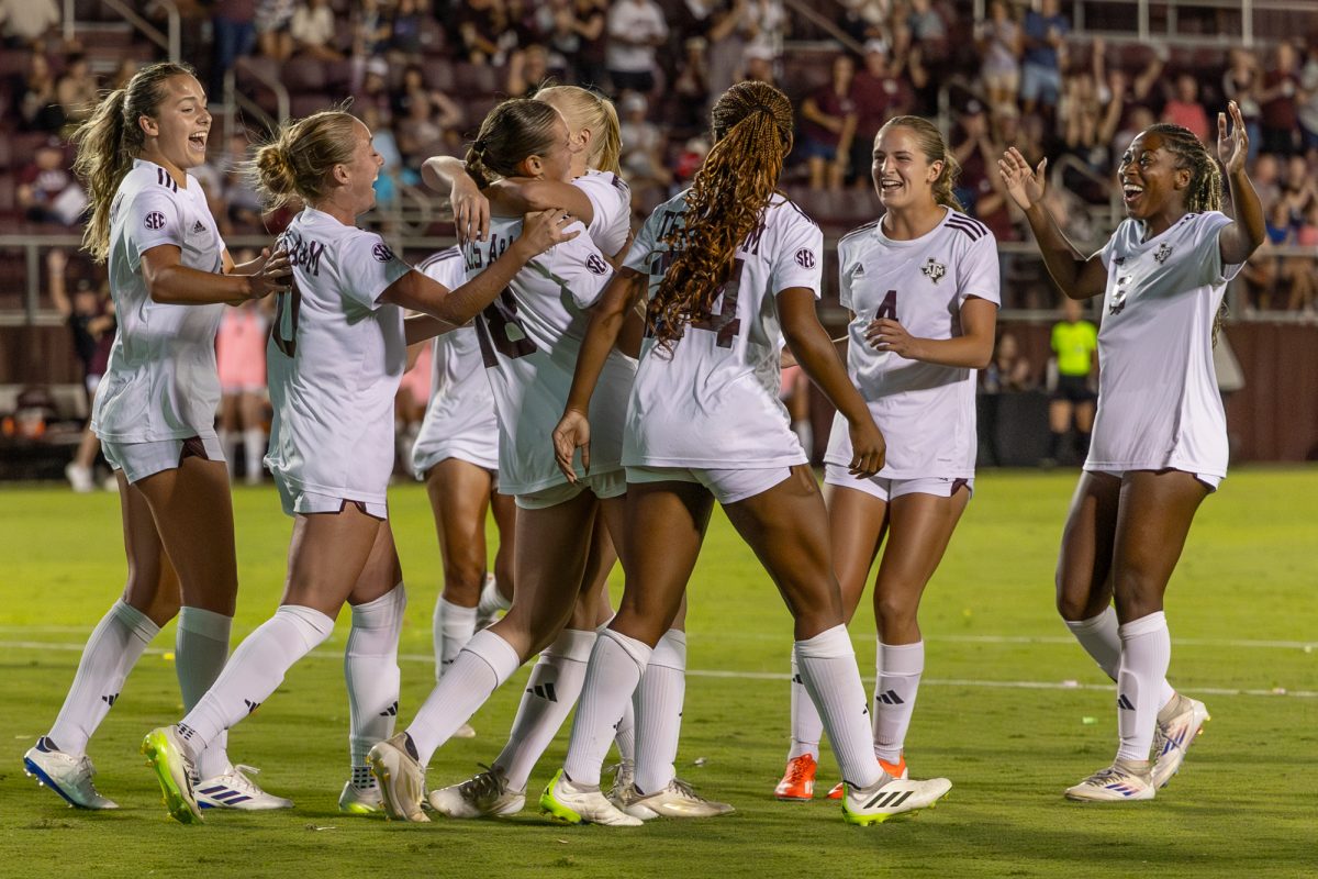 Texas A&amp;M celebrates a goal during Texas A&amp;M’s game against Auburn at Ellis Field on Saturday, Sept. 26, 2024. (Hannah Harrison/The Battalion)