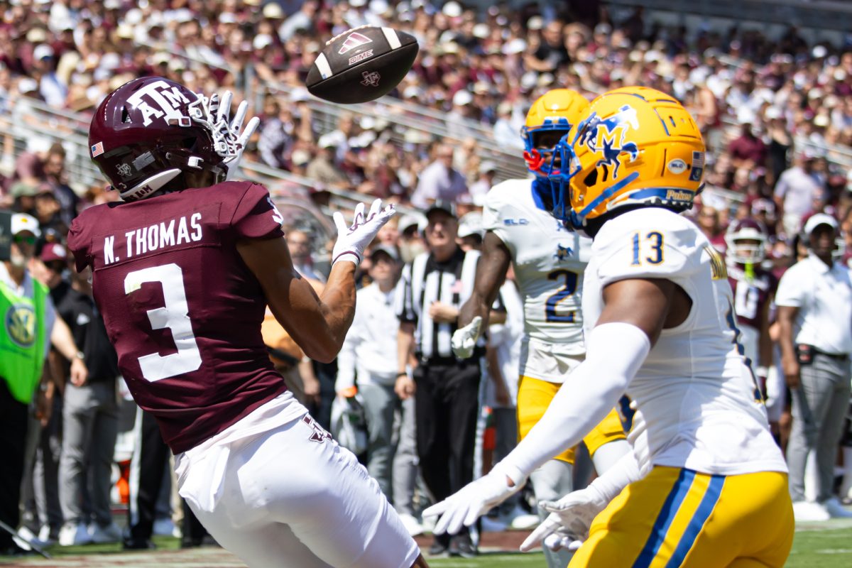 Texas A&amp;M Aggies wide receiver Noah Thomas (3) catches the ball for a touchdown during Texas A&amp;M’s win against McNeese State at Kyle Field on Saturday, Sept. 7, 2024. (Chris Swann/The Battalion)