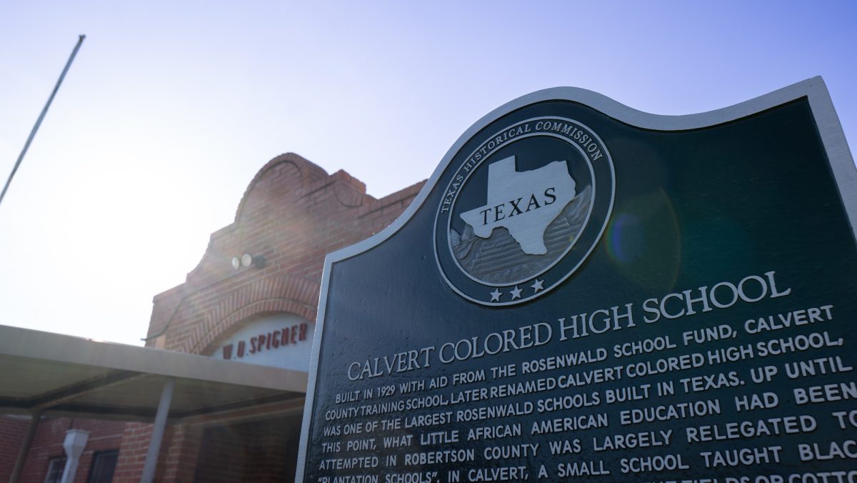 Signage near the entrance to the W.D. Spigner Elementary School memorializes the Calvert Colored High School as a historical landmark on Friday, September 20, 2024. (Jenna Isbell/The Battalion)