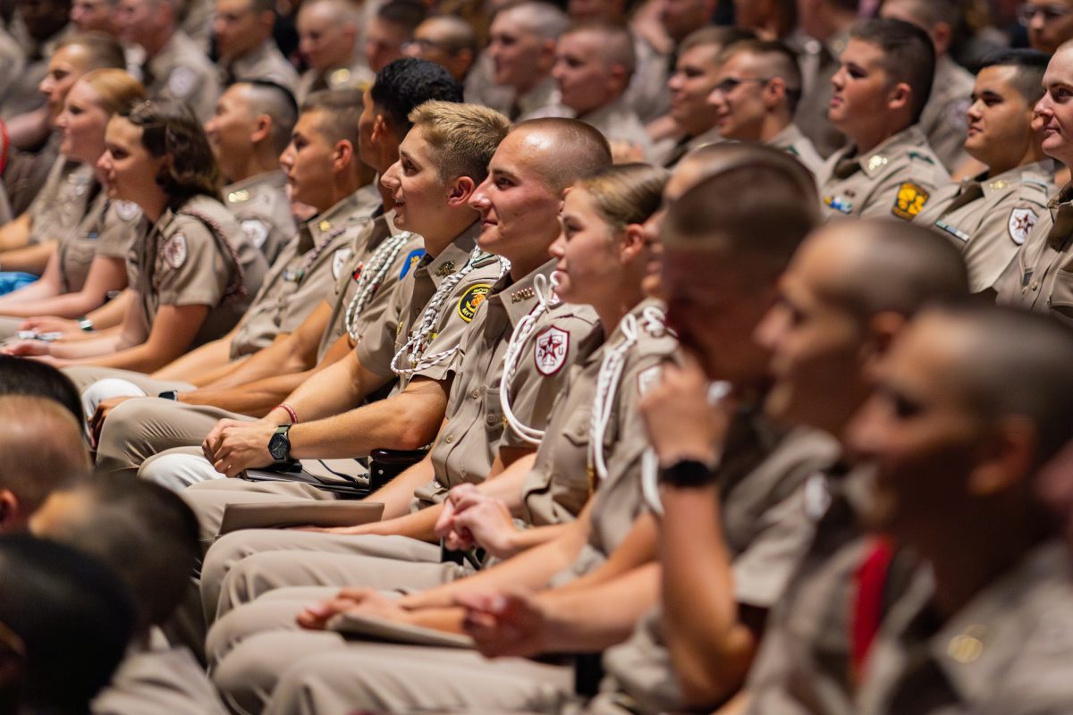 Corps members watch during a presentation at Cut Class in Rudder Auditorium on Wednesday, August 28, 2024. (Hannah Harrison/The Battalion)