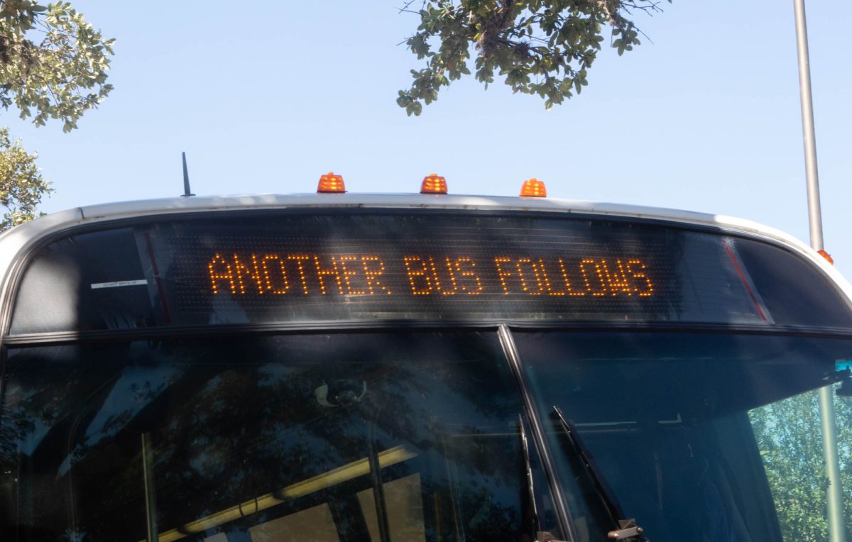 An LED display on the bus at the Triagon bus stop (Kennedy Long/The Battalion)