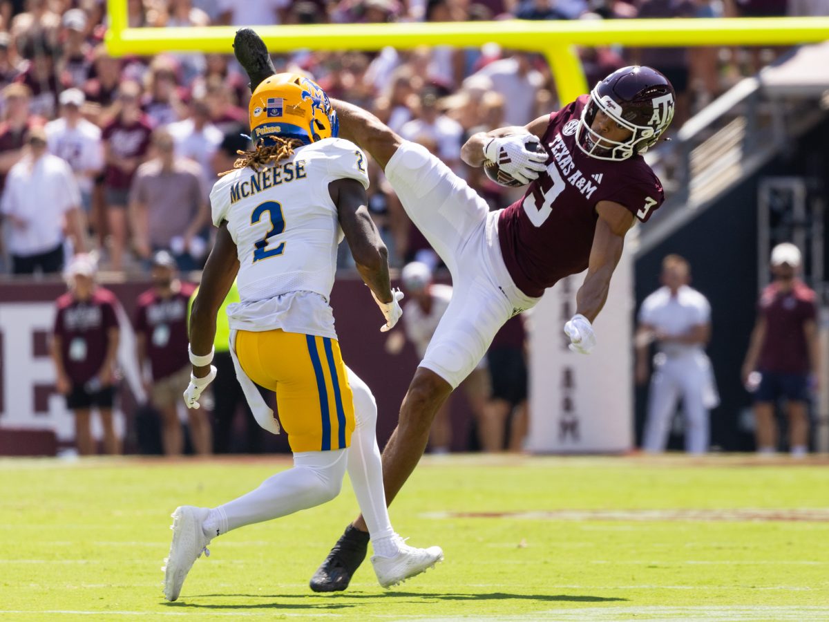 Texas A&amp;M Aggies wide receiver Noah Thomas (3) makes a catch during Texas A&amp;M’s game against McNeese State at Kyle Field on Saturday, September 7, 2024. (Hannah Harrison/The Battalion)