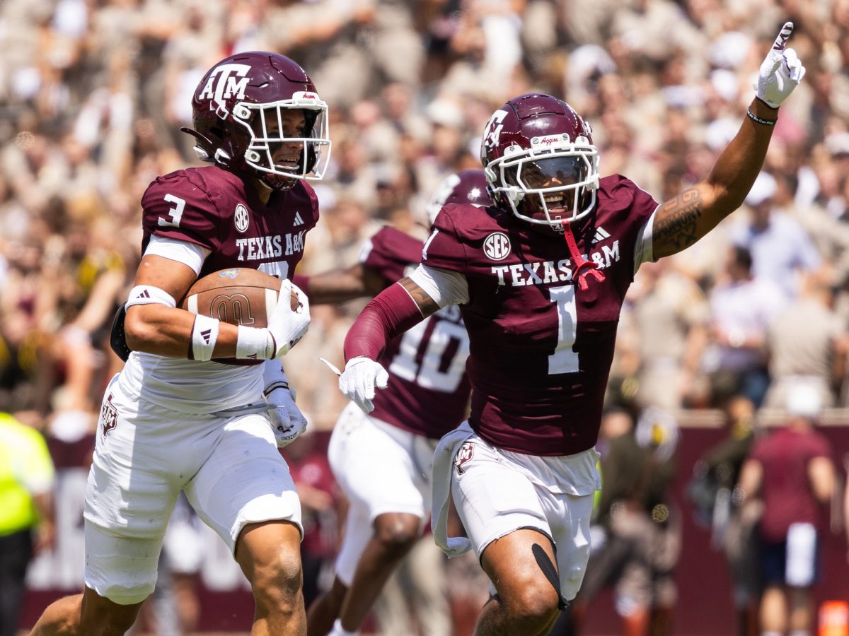 Texas A&amp;M Aggies defensive back Marcus Ratcliffe (3) and Texas A&amp;M Aggies defensive back Bryce Anderson (1) celebrate an interception during Texas A&amp;M’s game against McNeese State at Kyle Field on Saturday, September 7, 2024. (Hannah Harrison/The Battalion)