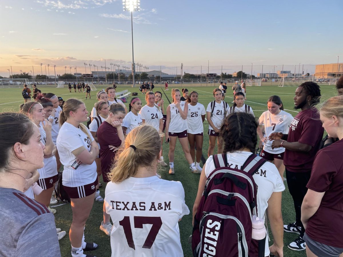 Co-coaches Godswill Peter and Devonn Mendoza review the 2-1 win over The University of Texas with members of the Texas A&M women’s club soccer team, Sept. 22, 2024, at Penberthy Rec Sports Complex.